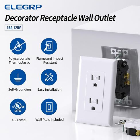 Elegrp Matte White Decorator Decorator Outlet Outlet Outlet Electrical Wall Agtlet ، 15A 125V ، 2 Pole 3 Wire ، غير مقاوم للعبث ، NEMA 5-15R ، أرضية ذاتية ، شملت لوحة الحائط ، UL مدرجة ، 10 حزمة in Kuwait