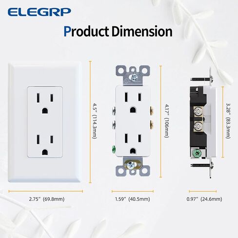 Elegrp Matte White Decorator Decorator Outlet Outlet Outlet Electrical Wall Agtlet ، 15A 125V ، 2 Pole 3 Wire ، غير مقاوم للعبث ، NEMA 5-15R ، أرضية ذاتية ، شملت لوحة الحائط ، UL مدرجة ، 10 حزمة in Kuwait