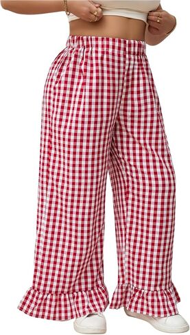 Verdusa Women's Plus Size Loose Plaid Pants Elastic High Waisted Ruffle Hem Trousers in Saudi Arabia