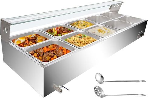 6-Pan Commercial Food Warmers, 12 Qt Stainless Steel Countertop Buffet Steam Table Pan with Lid, 1500W Electric Buffet Bain Marie with Tempered Glass Cover for Party, Restaurant in Kuwait
