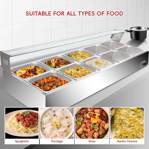 6-Pan Commercial Food Warmers, 12 Qt Stainless Steel Countertop Buffet Steam Table Pan with Lid, 1500W Electric Buffet Bain Marie with Tempered Glass Cover for Party, Restaurant in Kuwait