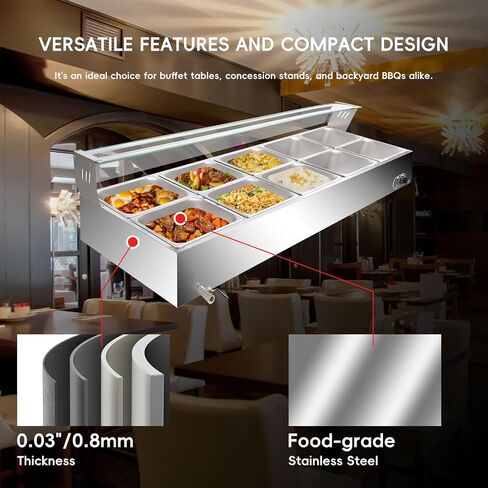 6-Pan Commercial Food Warmers, 12 Qt Stainless Steel Countertop Buffet Steam Table Pan with Lid, 1500W Electric Buffet Bain Marie with Tempered Glass Cover for Party, Restaurant in Kuwait