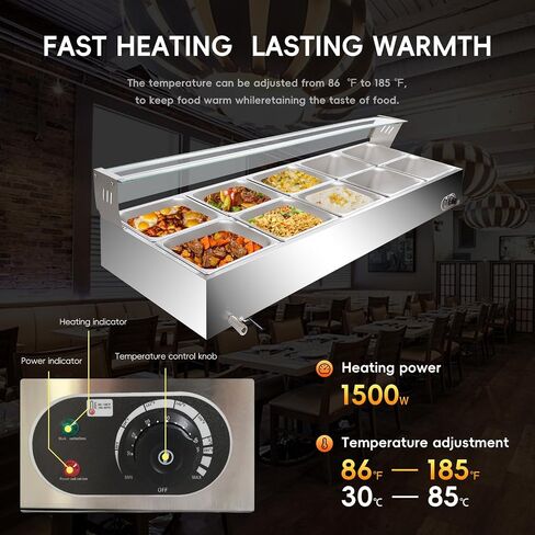 6-Pan Commercial Food Warmers, 12 Qt Stainless Steel Countertop Buffet Steam Table Pan with Lid, 1500W Electric Buffet Bain Marie with Tempered Glass Cover for Party, Restaurant in Kuwait