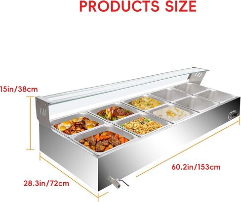 6-Pan Commercial Food Warmers, 12 Qt Stainless Steel Countertop Buffet Steam Table Pan with Lid, 1500W Electric Buffet Bain Marie with Tempered Glass Cover for Party, Restaurant in Kuwait