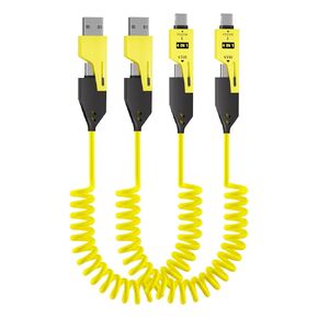 4-in-1 Spring Charging Cable - 4ft 65W Coiled USB Cable for Phones,Laptops,Car Chargers and More,Liquid Silicone Coiled Design,2 Pack(Yellow)