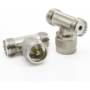 2PCS UHF Tee PL259 Connector, 3 Way UHF Splitter Connector, SO239 Male to Dual UHF Female Coax Adapter, UHF Triple Tee Connector for Radios, Video, Antennas