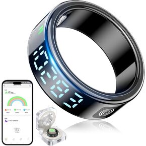 Smart Rings for Women Men, Fitness Tracker Ring with LED Display Screen, IP68 Waterproof Fitness Ring with Sleep Tracker/Heart Rate/Blood/Oxyge, Charging case (Black, 12)