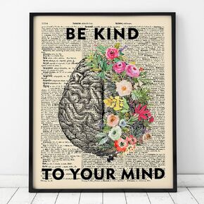 Be Kind To Your Mind Poster, Living Room Wall Decor, Cerebrum Flowers, Brain Art, Mental Health Wall Art, Flowers Brain Art, Vintage Wall Decor, Ready for Framing (8X10 INCH)