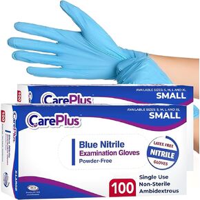 Care Plus [200 Count Medium Size] Medical Grade Examination Nitrile Blue Gloves, 3 Mill, Rip Resistant, Powder Allergy and Latex Free, Non Sterile, Single Use, 2 Pack