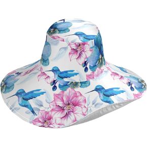 Pfrewn Women's Sun Hat for Gardening Flower Flower Flowers Blue Hummingbirds Wide Brim Outdoor Rollable Roll-Up upf 50