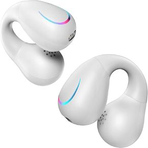 Open Ear Bone Conduction Headphones Bluetooth 5.3 Wireless Open Clip Ear Earbuds Built-in Mic with Ear Hooks 60 Hours Playtime Sport Earphones IPX7 Waterproof for Fitness Running Walking Bright White