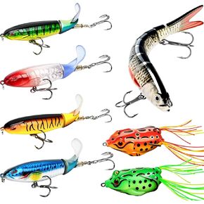 إغراء صيد الأسماك-مجموعة Topwater و Swimbait من 7 قطع مع سحر ذيل المروحة 360 درجة ، طعوم الضفادع بدون الأعشاب ، والكرنكات على شكل S على شكل S للباس ، والبايك ، وال الخلود ، والخسائر المضادة للخلط