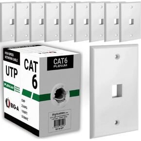 BIG-A - Plenum Cat 6 Cable 1000ft White 550MHz Bulk + 1 Port Keystone Wall Plate 1 Gang Standard Ethernet Wall Plate for Home and Office, Compatible with Keystone Jack and HDMI Keystone - White Bundle