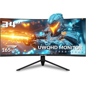 34 Inch Gaming Monitor Curved, 165Hz, UWQHD 3440x1440, Ultrawide Monitor, 1500R, 1Ms, 99% sRGB, HDMI 2.0, DP 1.4, FreeSync, HDR, Anti-Blue Light Eye Protection, VESA, Can Be Tilted