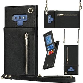 Phone Case for Samsung Galaxy Note 9 Wallet Cover with Crossbody Strap Leather Card Holder Flip Cases Credit Slots Magnetic Clasp Stand Cell Accessorie Mobile Flip Purse Note9 Not S9 Girls Pink