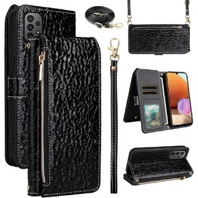 Wallet Case for Samsung Galaxy A32 5G 2021 6.5 inch & Wrist Strap Shoulder Strap Zipper Purse, Sparkly Pleated Pattern Card Holder Cell Phone Cover for M32 G5 A 32 32A S32 SM-A326U A326U Red