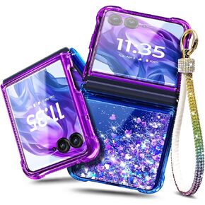 Designed for Motorola Razr 2024 Phone Case (Not Fit Razr+ Plus 2024) with Diamond Wrist Strap Lanyard, Glitter Bling Sparkly Floating Liquid Girls Cute Phone Case (Purple/Blue)