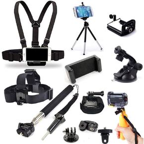 Cellphone Selfie Head Chest Wrist Mount Harness Strap Monopod Tripod with Cell Phone Clip Kit for GoPro Hero 12 11 10 9 8 7 6 5 / iPhone 16 15 14 13 12 11 Pro Max Xs XR Max X Cellphone