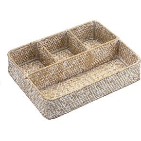 Hipiwe Tea Bag Sugar Packet Holder Woven Seagrass Storage Basket 4 Sections Wicker Pantry Organizer Hand-Woven Divided Basket Coffee Condiment Organizer for Drawer Shelf Countertop Caramel
