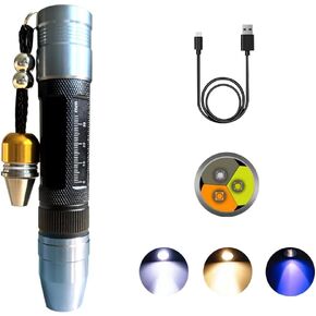 LED Rechargeable Three Light Source Jade and Jewelry Appraisal Flashlight, 365NM Ultraviolet Gemstone Jade Beeswax Detector, White, Yellow, and 365 Purple Light Multifunctional Flashlight.