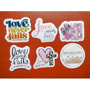 (6 PCS) 1 Corinthians 13 8 Love Never Fails Inspirational Christian, Faith, Bible Verse Sticker Waterproof Vinyl Decal Size 3"