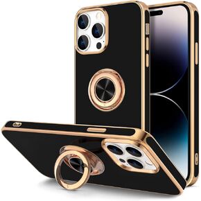 Hython for iPhone 14 Pro Max Case مع Ring Stand [360 ° Ring Ring حامل ركلات مغناطيسية] [دعم سيارة مطلية حافة الذهب Slim TPU ناع