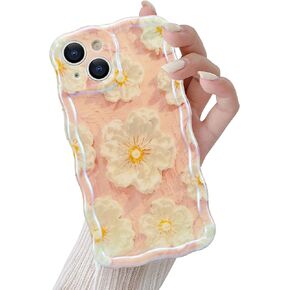 QLTYPRI Case for iPhone 14 Plus/iPhone 15 Plus, Laser Colorful Retro Oil Painting Flower Pattern Cute Curly Wave Frame Exquisite Phone Case for Girls Women, Shockproof TPU Protective Phone Cover-Green