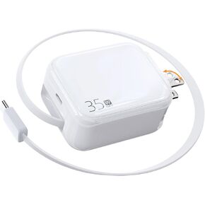YKZ 35W Retractable USB-C Wall Charger, Fast Charging Block with Foldable Plug and Retractable Type-C Cable, Dual Port PD Charger for iPhone 16/15, Galaxy S23/S22, LG, Compact for Travel & Home