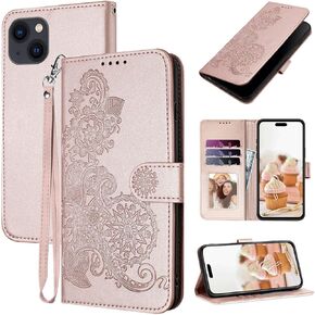 للحصول على قضية iPhone 15 محفظة ، جلد أزهار لطيف للنساء فتاة ، حامل البطاقة غطاء Flip ، حزام معصم ، إغلاق مغناطيسي ، وقائي مقاوم للصدمة لحالة هاتف iPhone 15 (Rose Gold)