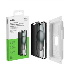 Belkin ScreenForce TemperedGlass Treated Privacy Screen Protector for iPhone 15 and 14 Pro - Slim & Scratch-Resistant - Includes Easy Align Tray for Bubble Free Application