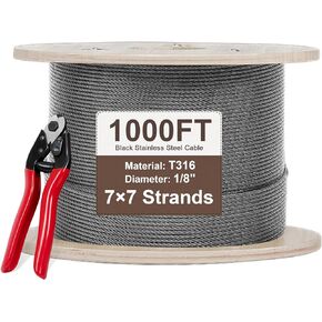 1000 قدم أسود T316 كابل من الفولاذ المقاوم للصدأ مع قاطع ، 1/8 "7x7 حبل سلك الأسلاك لمجموعة مجموعة حديدي سطح السفينة ، أضواء السلسلة ، درابزين الدرج ، قوة عالية للاستخدام الداخلي والخارجي in Kuwait