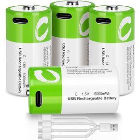 Lithium Rechargeable C Batteries 4 Pack,5000mWh High Capacity 1.5V Constant Voltage Li-ion C Batteries with 4 in 1 USB-C Charge Cable