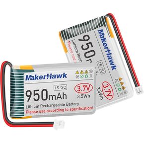 MakerHawk 3.7V 950mAh LiPo Battery Rechargeable 1S 3C Lithium Polymer Battery with Protection Board Insulated Rubber Tape, Micro JST 1.25 Plug for Arduino ESP32 Development Board (4 Pack)