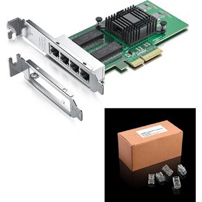 Gigabit 4 Port NIC with 100pack CAT5e RJ-45 Connectors, 1Gb Network Card Compare to Intel I350-T4 NIC, Quad RJ45 Ports, PCI Express 2.1 X4, UTP 8P8C Network Modular Plug, RJ-45 Crimp Ends