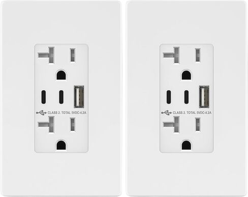 Topgreener 4.2a 21W 3-Port Type C USB Outlet ، 15 Amp COMPLESTACLE ، منفذ طاقة الشحن مع منافذ C&A مزدوجة ، لوحة جدار بدون برغي ، مدرجة في UL ، TU21542AC2-WSID ، أبيض ، 2 عبوة in Kuwait
