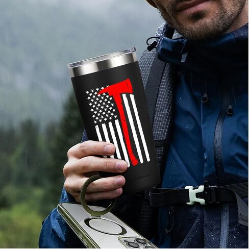 Thin Red Line Firefighter Gifts for Men, Fireman, Fire Fighter Department Team Essentials Coffee Mug Cup - 20oz Insulated Stainless Steel Tumbler, Black in Kuwait