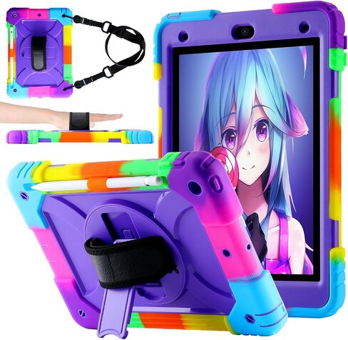 Case for iPad 9th/8th/7th Gen Case 10.2" - Shockproof, 360° Rotating Stand, Hand & Shoulder Strap, Pencil Holder (Colorful Purple) in Saudi Arabia