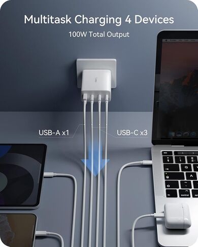100 واط USB C شاحن كتلة شحن سريع GaN PD3.0 QC3.0/2.0 نوع C محول طاقة متعدد المنافذ - 4 منافذ USBC للكمبيوتر المحمول الذكي - متوافق مع MacBook Pro Air iPhone 14/13/12 Pro Max iPad Samsung in Kuwait