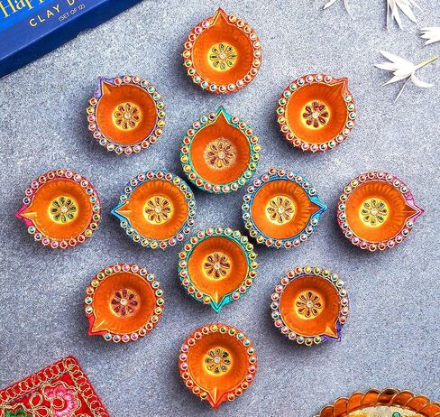 IndoTribe 12Pc Diwali Diyas for Decoration Diwali Decorations for Home Diwali Lights Diwali Decor Diwali Diya Diwali Candle Diwali Gifts for Friends Clay Diya for Diwali Tea Lights Diwali Diya in Saudi Arabia