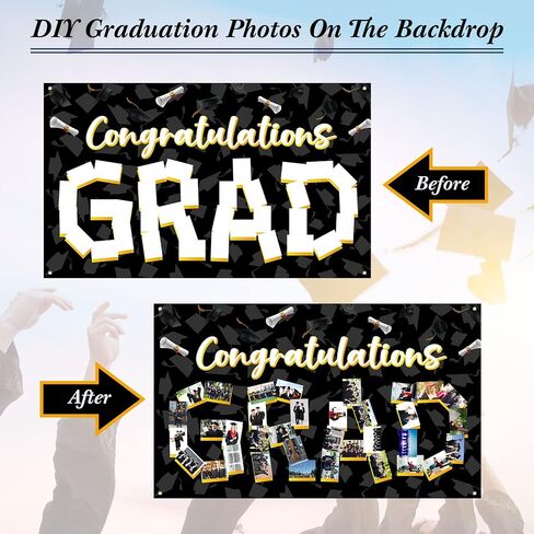 Newwiee Graduation Photo Banner 73 x 44 Inch Grad Personalized Banner Congratulations Grad Decorations Class of 2025 DIY Graduate Picture Backdrop Sign for School Graduation Party Supplies(Black) in Saudi Arabia