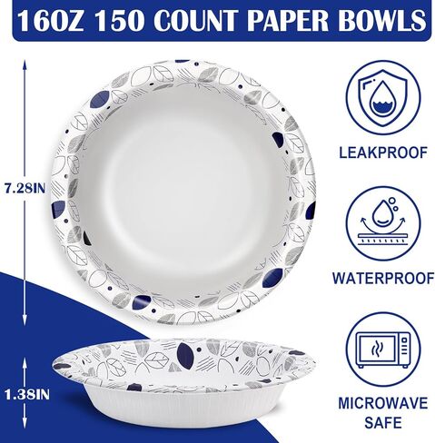 Lamosi 150 Counts 20 oz Paper Bowls, Heavy Duty Soak Proof Paper Bowls, Microwave Safe, Disposable Bowls Bulk for Breakfast, Lunch, and Dinner Meals in Kuwait