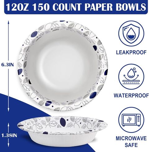 Lamosi 150 Counts 20 oz Paper Bowls, Heavy Duty Soak Proof Paper Bowls, Microwave Safe, Disposable Bowls Bulk for Breakfast, Lunch, and Dinner Meals in Kuwait