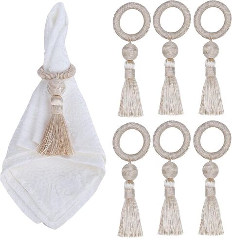 Napkin Rings Set of 6, Wooden Napkin Rings with Tassel, Rustic Wooden Napkin Ring Holder for Table Decoration (Pink, 6P) in Kuwait