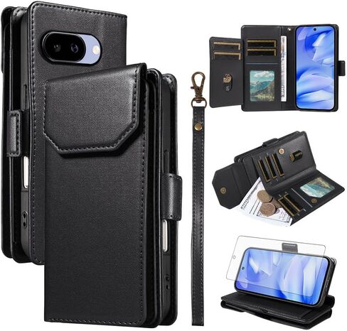 Asuwish Phone Case Compatible with Google Pixel 9A 5G Cell Wallet Cover Tempered Glass Screen Protector Flip Credit Card Holder Slot Stand Pixel9A A9 Women Men Folio Purse Lanyard Wrist Strap Black in Saudi Arabia