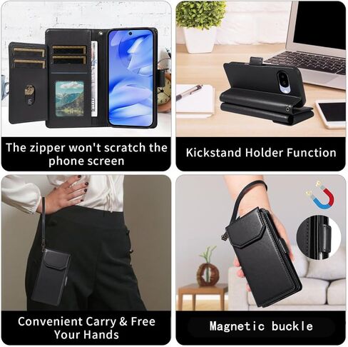 Asuwish Phone Case Compatible with Google Pixel 9A 5G Cell Wallet Cover Tempered Glass Screen Protector Flip Credit Card Holder Slot Stand Pixel9A A9 Women Men Folio Purse Lanyard Wrist Strap Black in Saudi Arabia