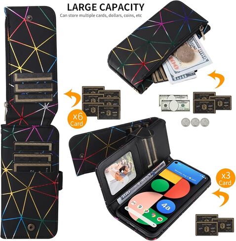 Compatible with Google Pixel 4a 5G 6.2 Wallet Case with Wrist Strap, 9+ Card Slots Zipper Purse,PU Leather Flip Card Holder Stand Phone Cover for Pixel4a5G UW Pixel4a 5G Pixle a4 G5 4a5G Black in Saudi Arabia