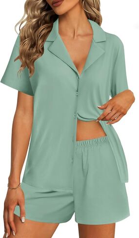 Ekouaer Womens Pajama Sets 2 Piece Cotton Pjs Button Down Sleepwear Short Sleeve Lounge Set with Pockets in Saudi Arabia