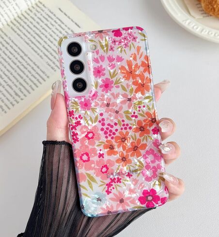 Qokey for Galaxy S23 Plus Case - Sparkle Bling Floral Design Scratch-Resistant Clear Anti-Yellowing Shell Military-Grade Shockproof Protection Soft-Touch & Slim Lightweight Cover (Pink Flower) in Kuwait