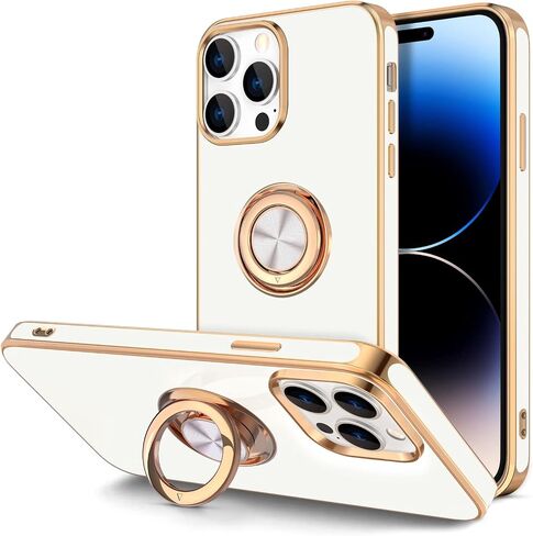 Hython for iPhone 14 Pro Max Case with Ring Stand [360° Rotatable Ring Holder Magnetic Kickstand] [Support Car Mount] Plated Gold Edge Slim Soft TPU Luxury Protective Phone Case Cover, White in Kuwait