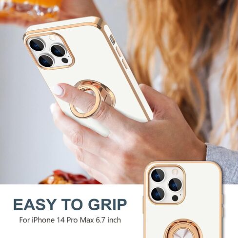 Hython for iPhone 14 Pro Max Case with Ring Stand [360° Rotatable Ring Holder Magnetic Kickstand] [Support Car Mount] Plated Gold Edge Slim Soft TPU Luxury Protective Phone Case Cover, White in Kuwait